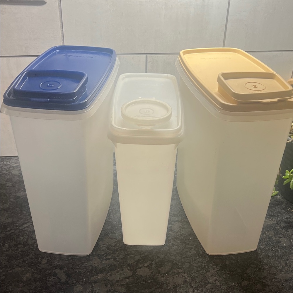Set of 3 Vintage Cream, Blue and White Cereal Container’s by Tupperware